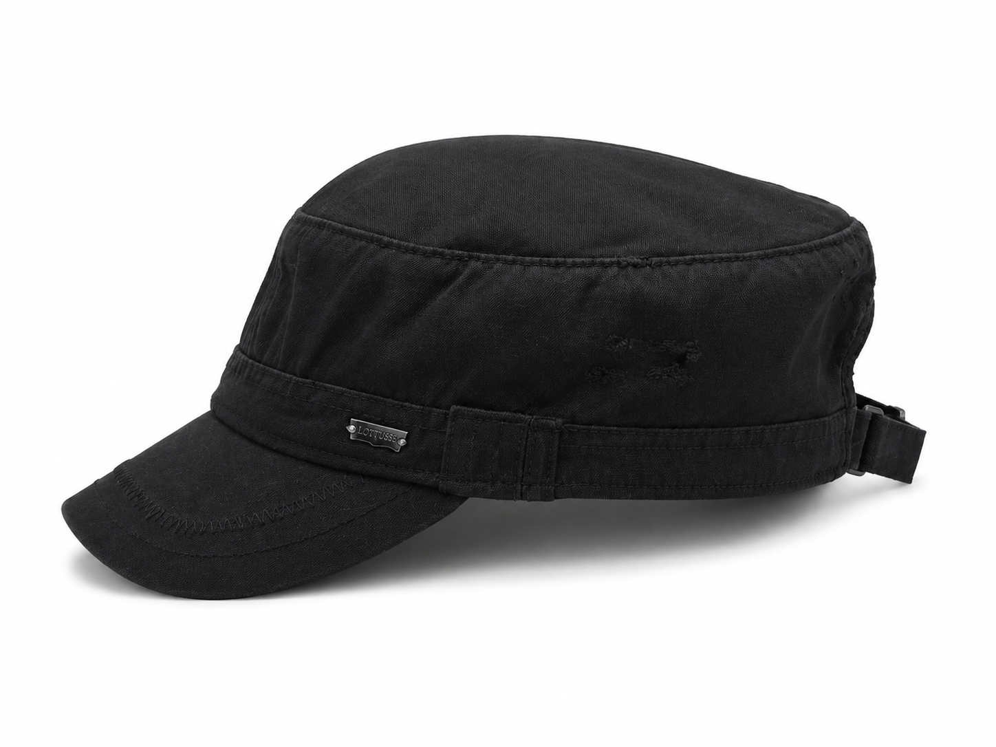 Front view of hat in 100% cotton showing the panel construction and archive detailing