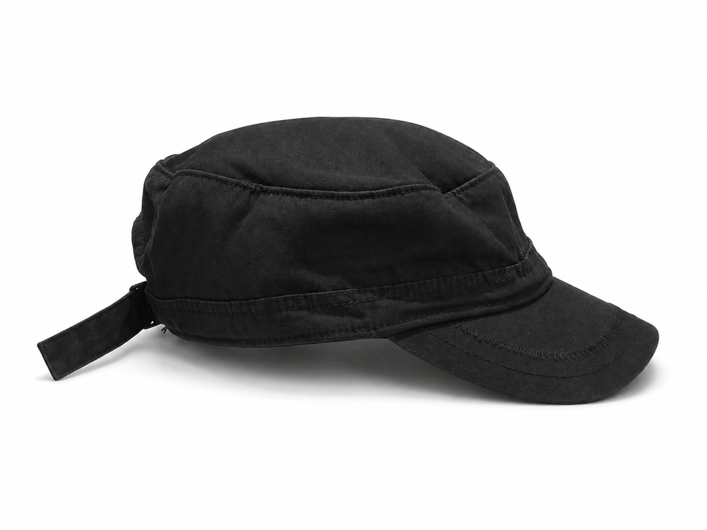 Front view of hat in 100% cotton showing the panel construction and archive detailing