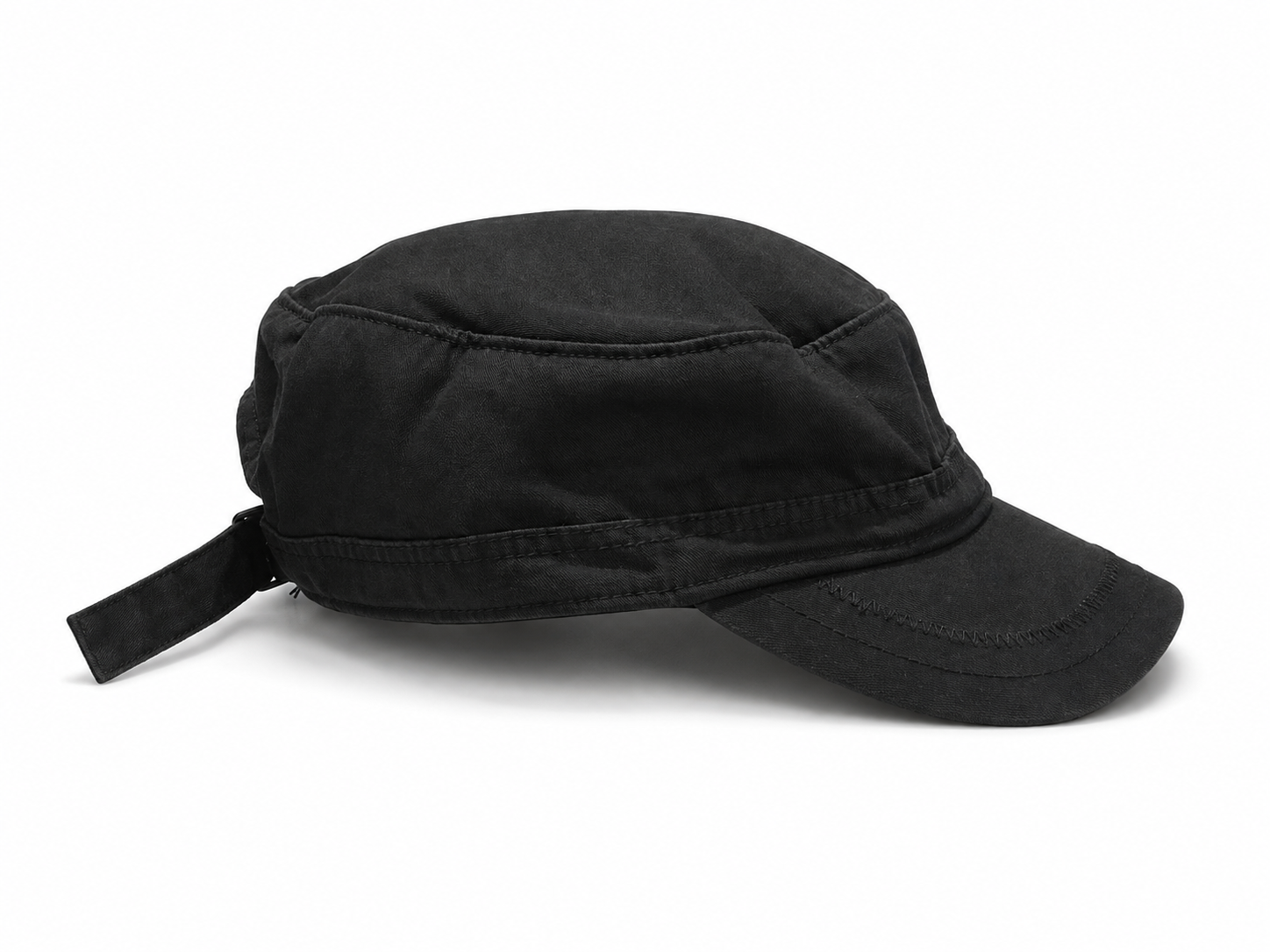 Front view of hat in 100% cotton showing the panel construction and archive detailing