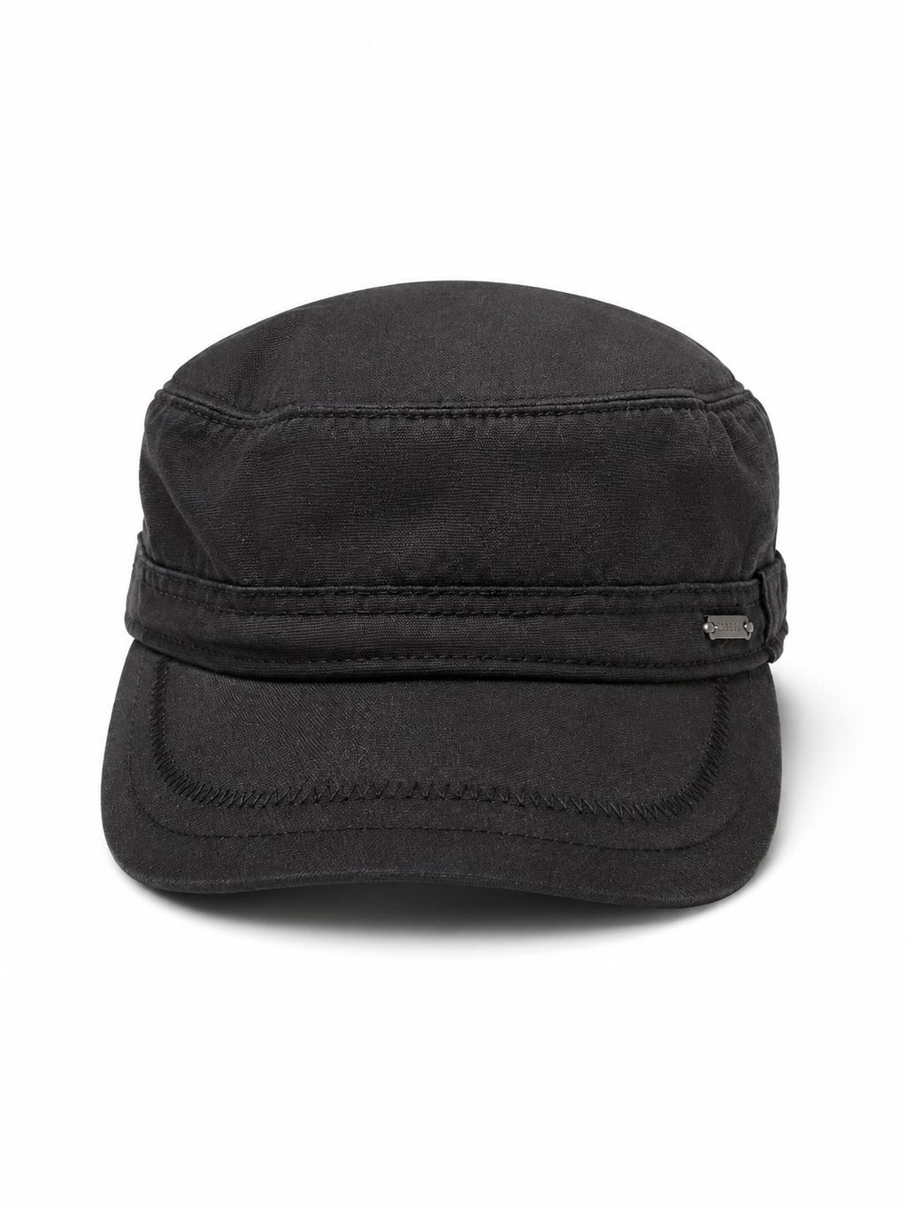 Front view of hat in 100% cotton showing the panel construction and archive detailing