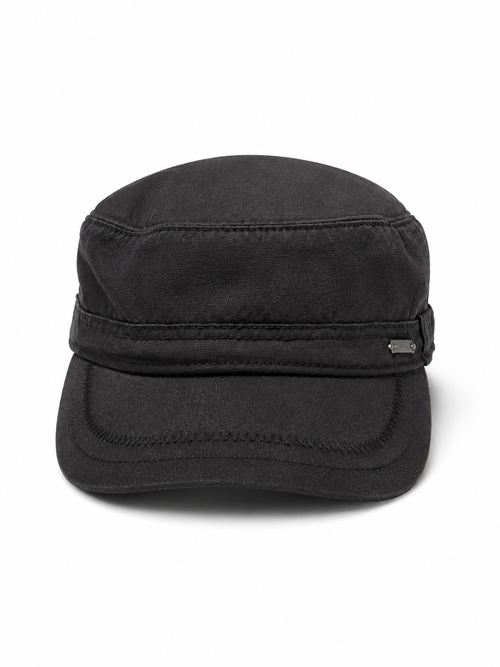 Front view of hat in 100% cotton showing the panel construction and archive detailing