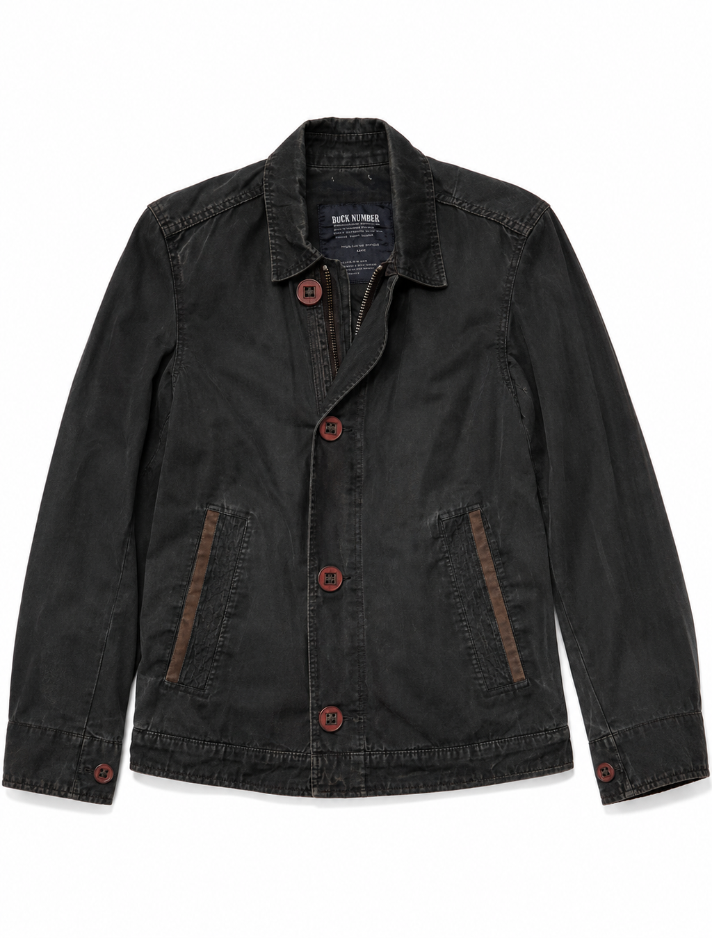 Black jacket with brown buttons on a white background