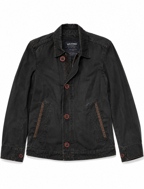 Black jacket with brown buttons on a white background