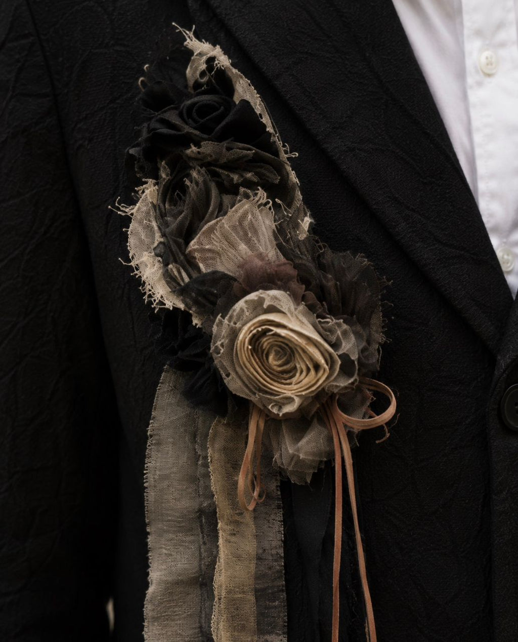 A/W 26 Tailored Blazer with Antique Fabric Floral Degration Rosettes