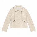 Cream faux-leather moto jacket front view with asymmetrical zip