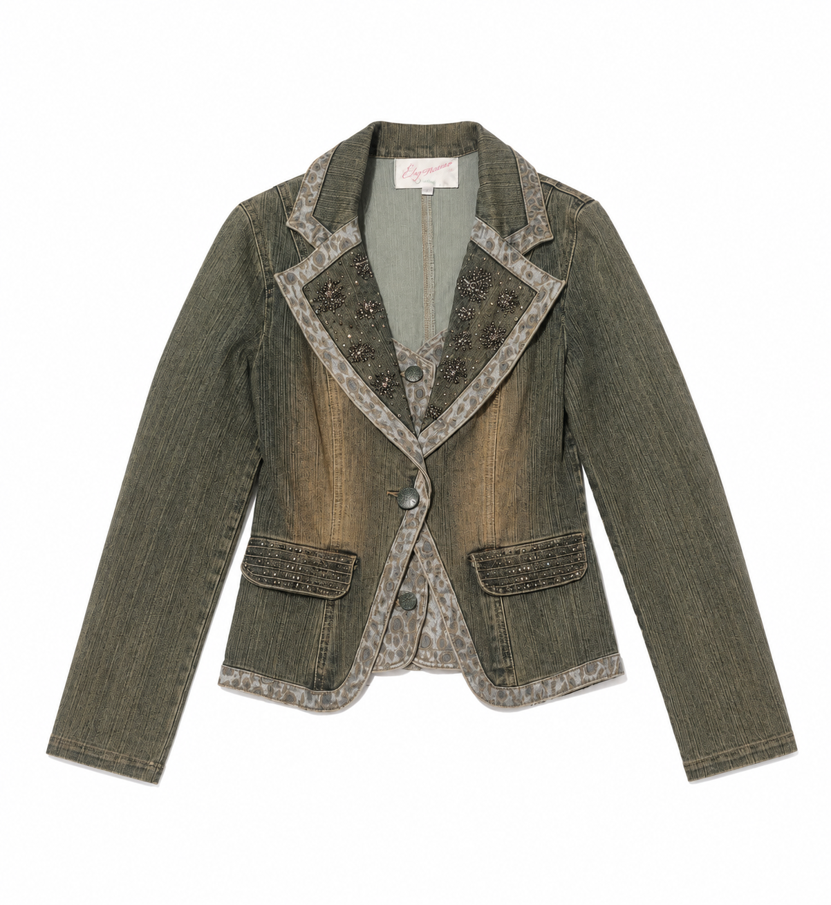 Vintage Leopard Trim Embellished Denim Blazer