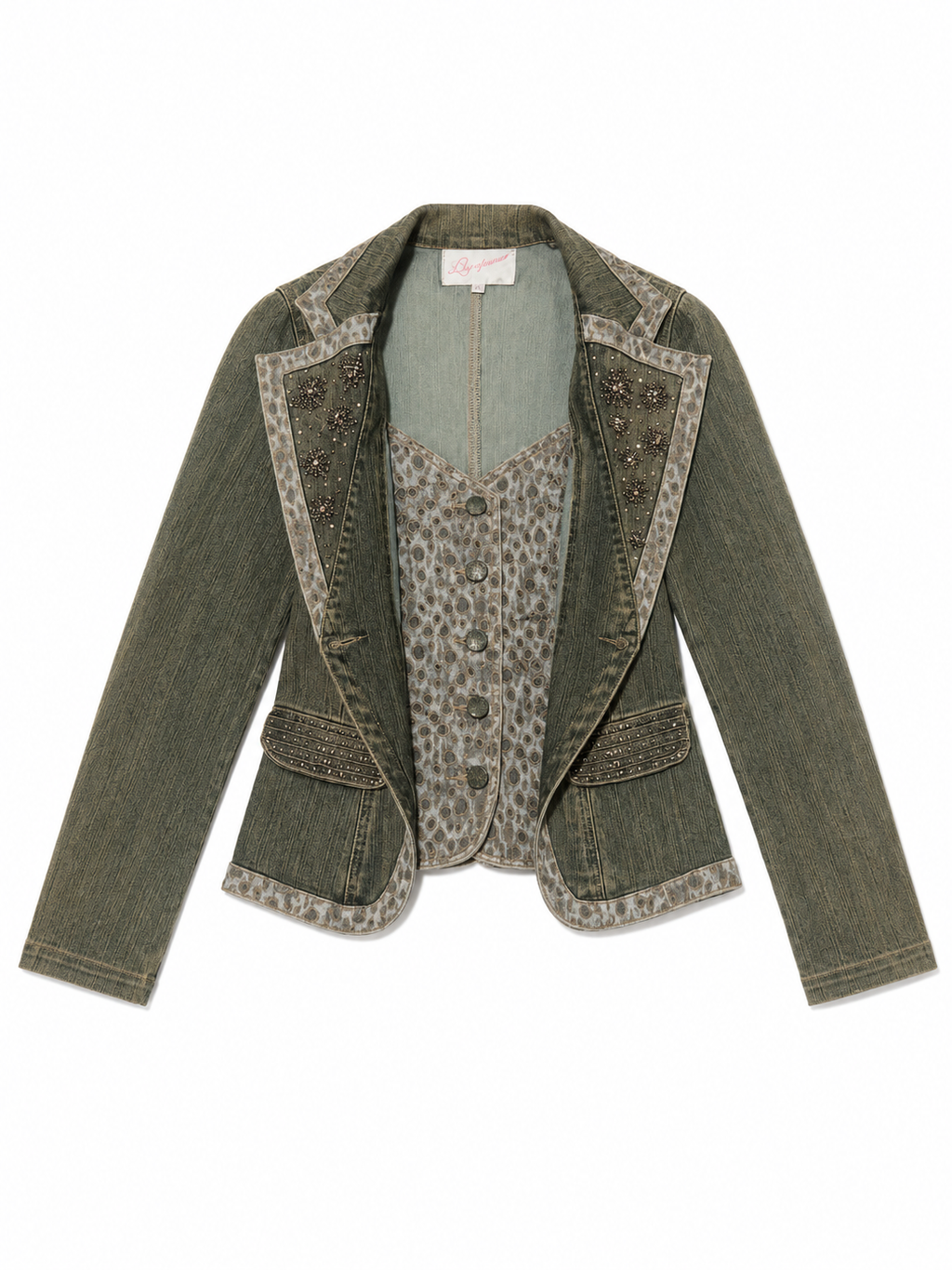 Vintage Leopard Trim Embellished Denim Blazer