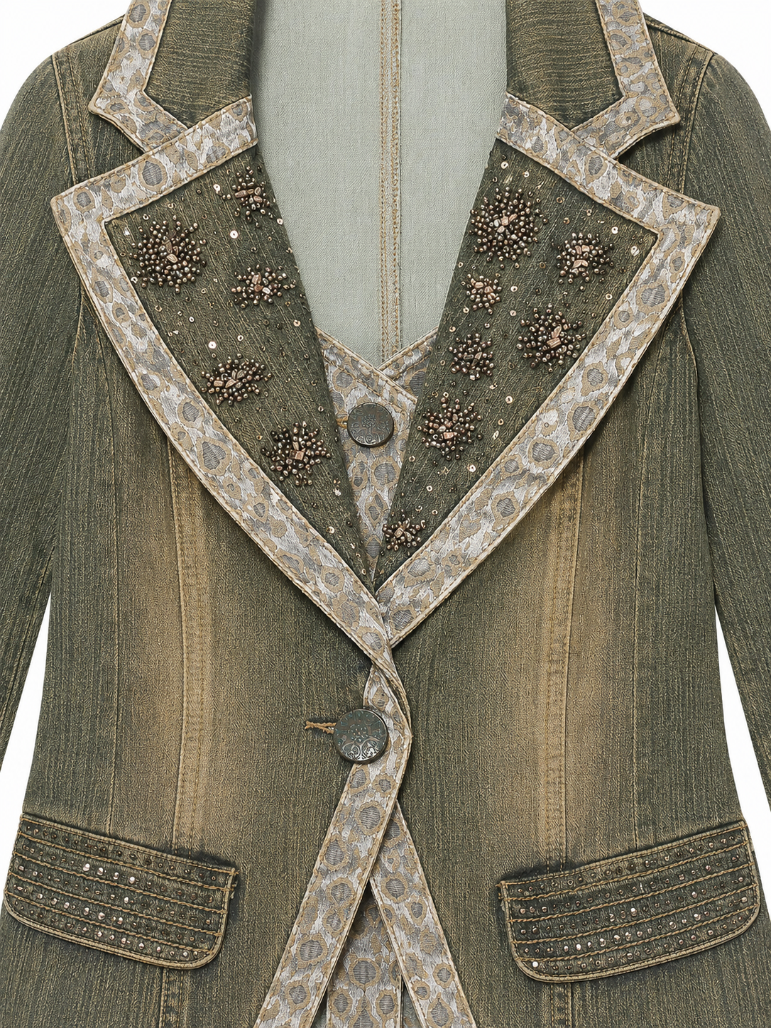 Vintage Leopard Trim Embellished Denim Blazer
