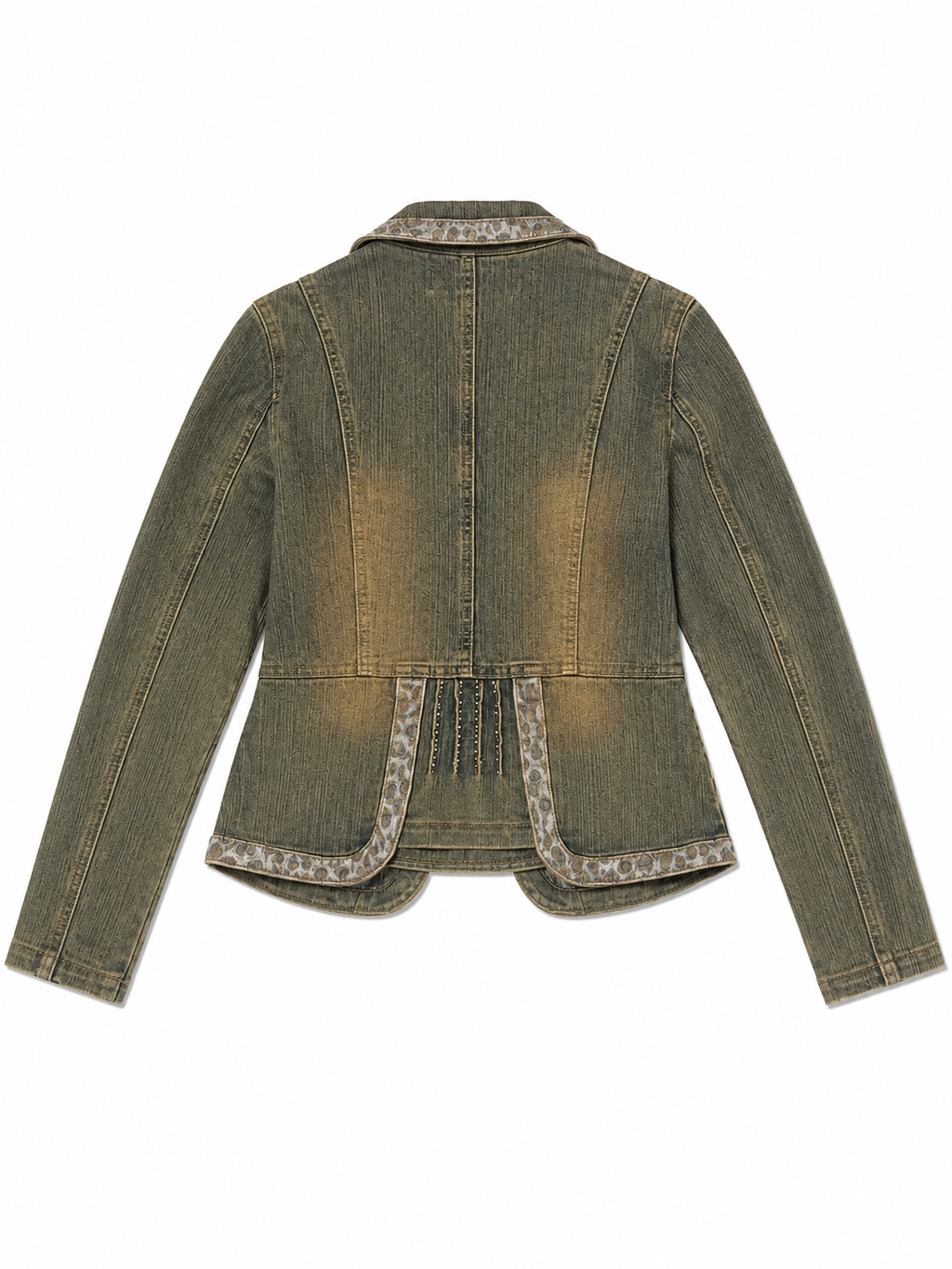Vintage Leopard Trim Embellished Denim Blazer