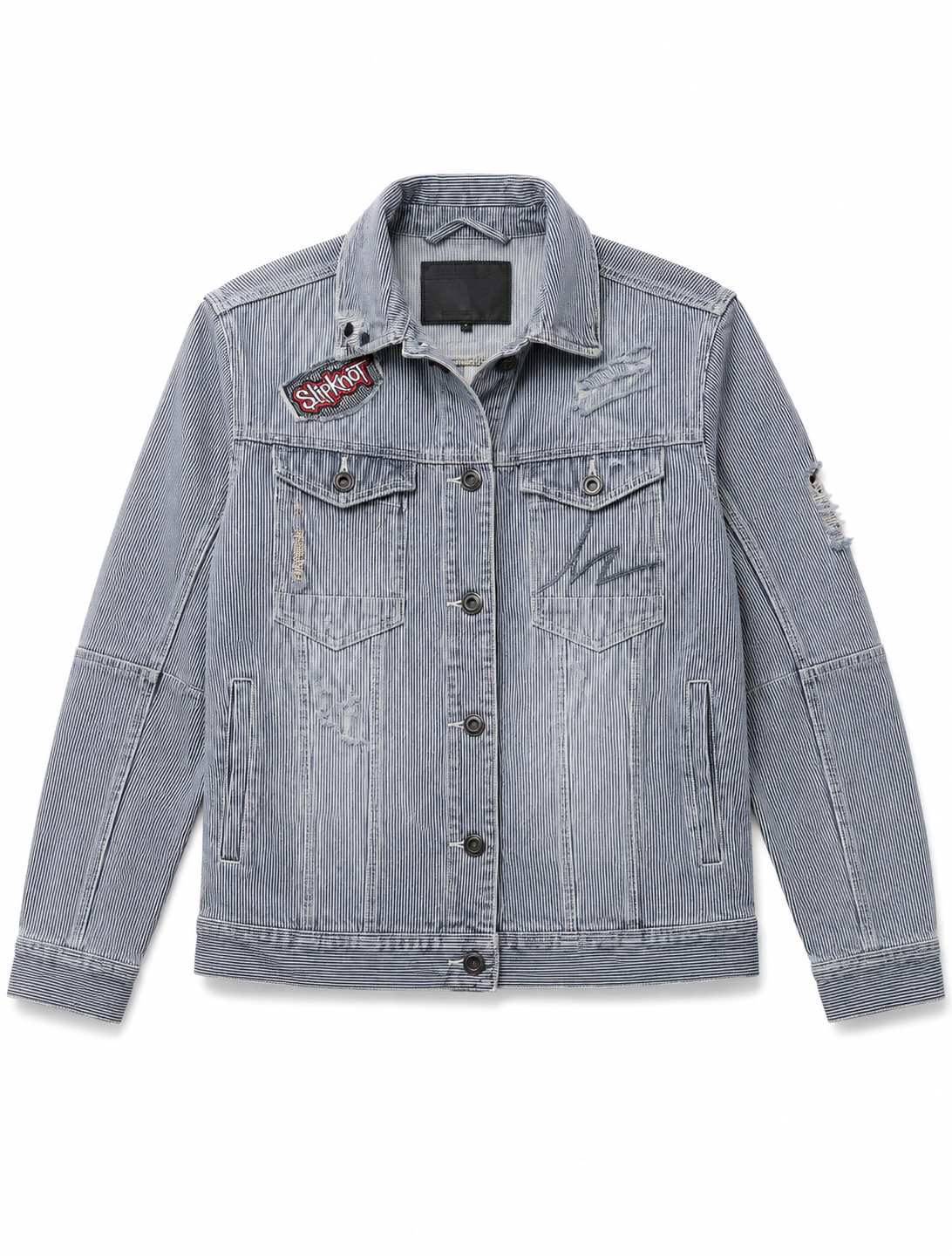 Nu Metal Distressed Patchwork Rail Stripe Denim Jacket