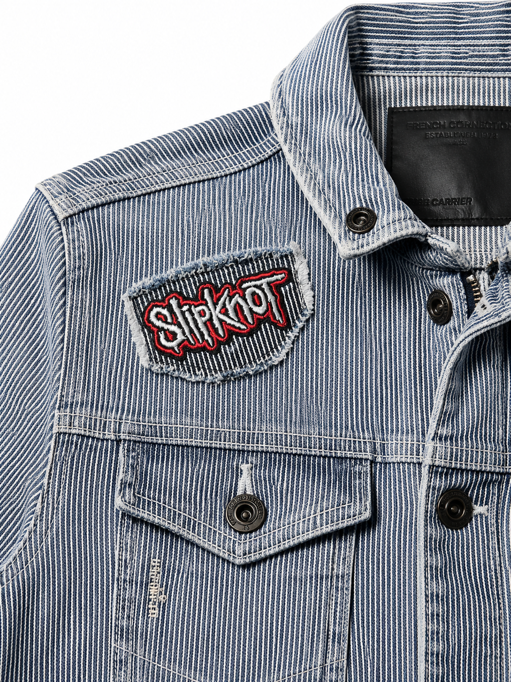 Nu Metal Distressed Patchwork Rail Stripe Denim Jacket