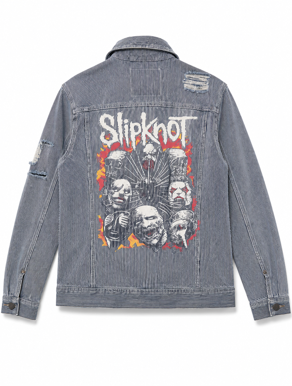 Nu Metal Distressed Patchwork Rail Stripe Denim Jacket