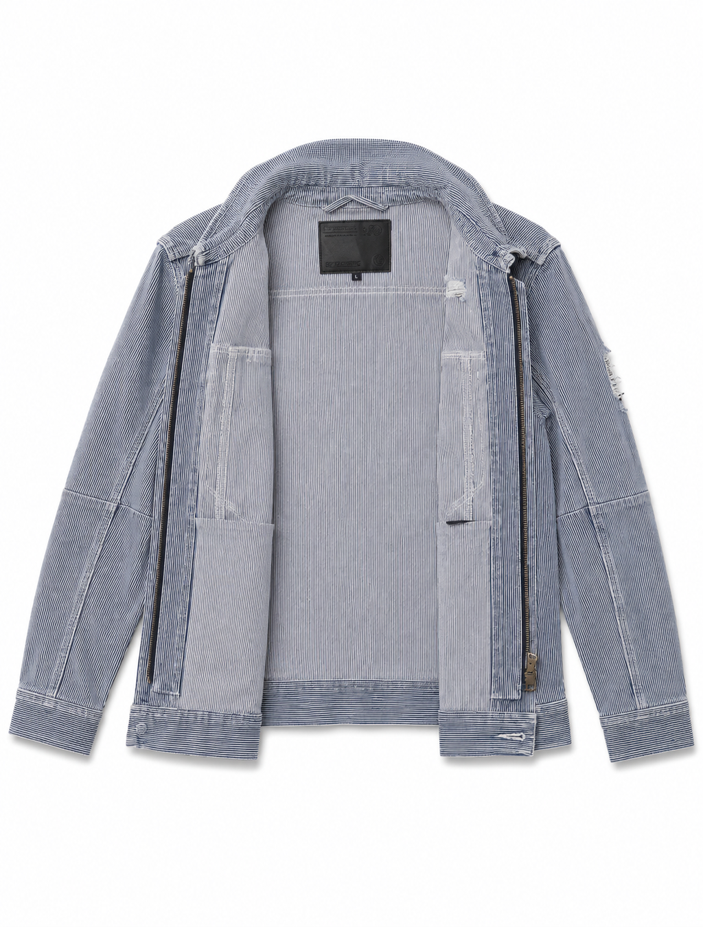 Nu Metal Distressed Patchwork Rail Stripe Denim Jacket