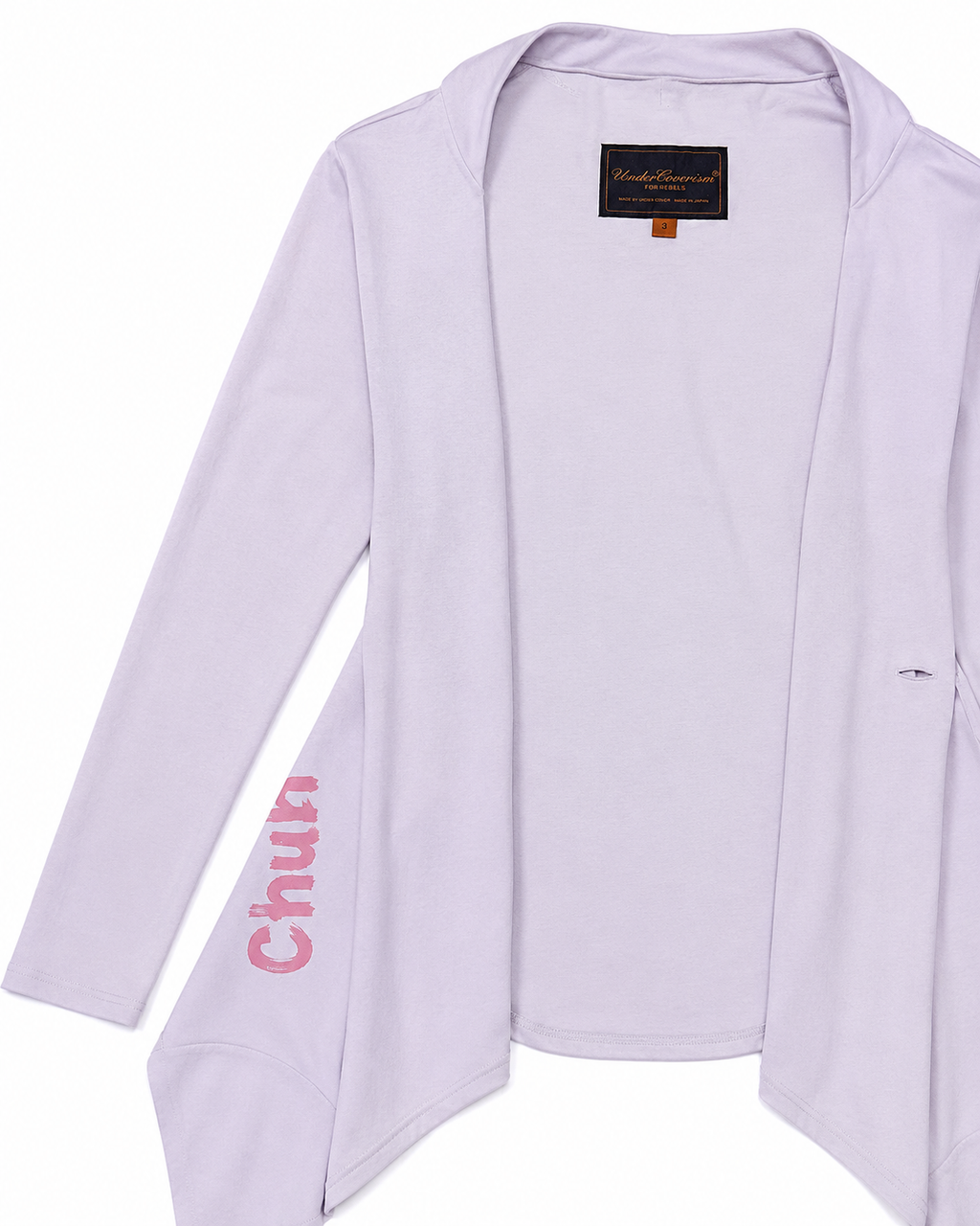 Light purple cardigan with 'Chun' branding on a white background