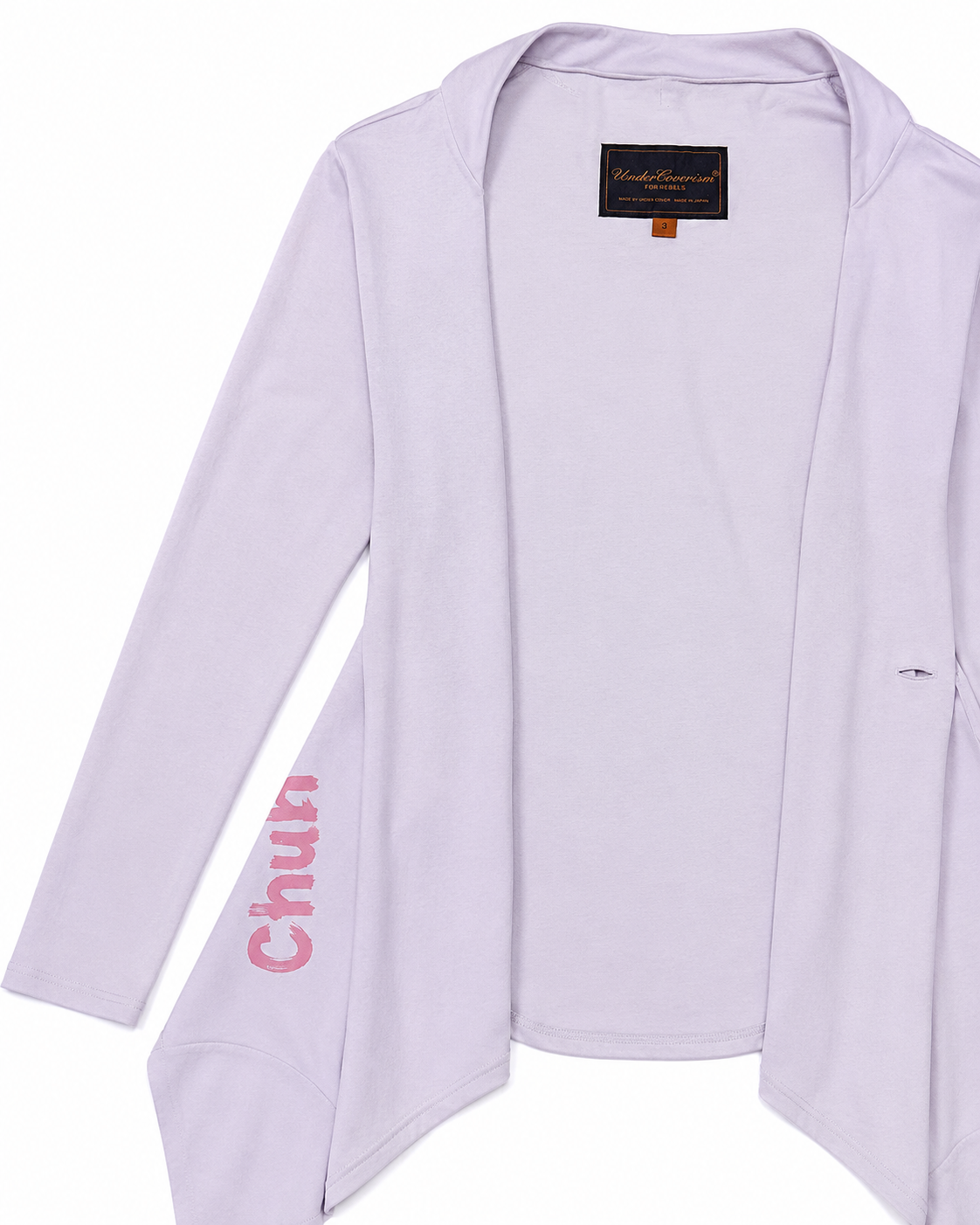 Light purple cardigan with 'Chun' branding on a white background