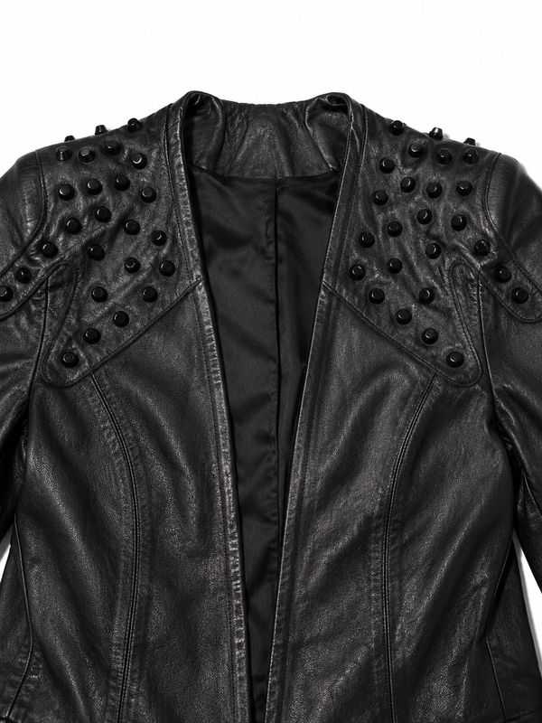 Black studded biker lambskin jacket front view