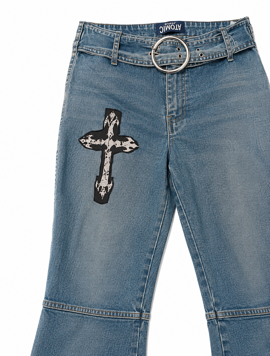 Atomic Jeans Y2K Flare – Cross Appliqué, O-Ring Belt