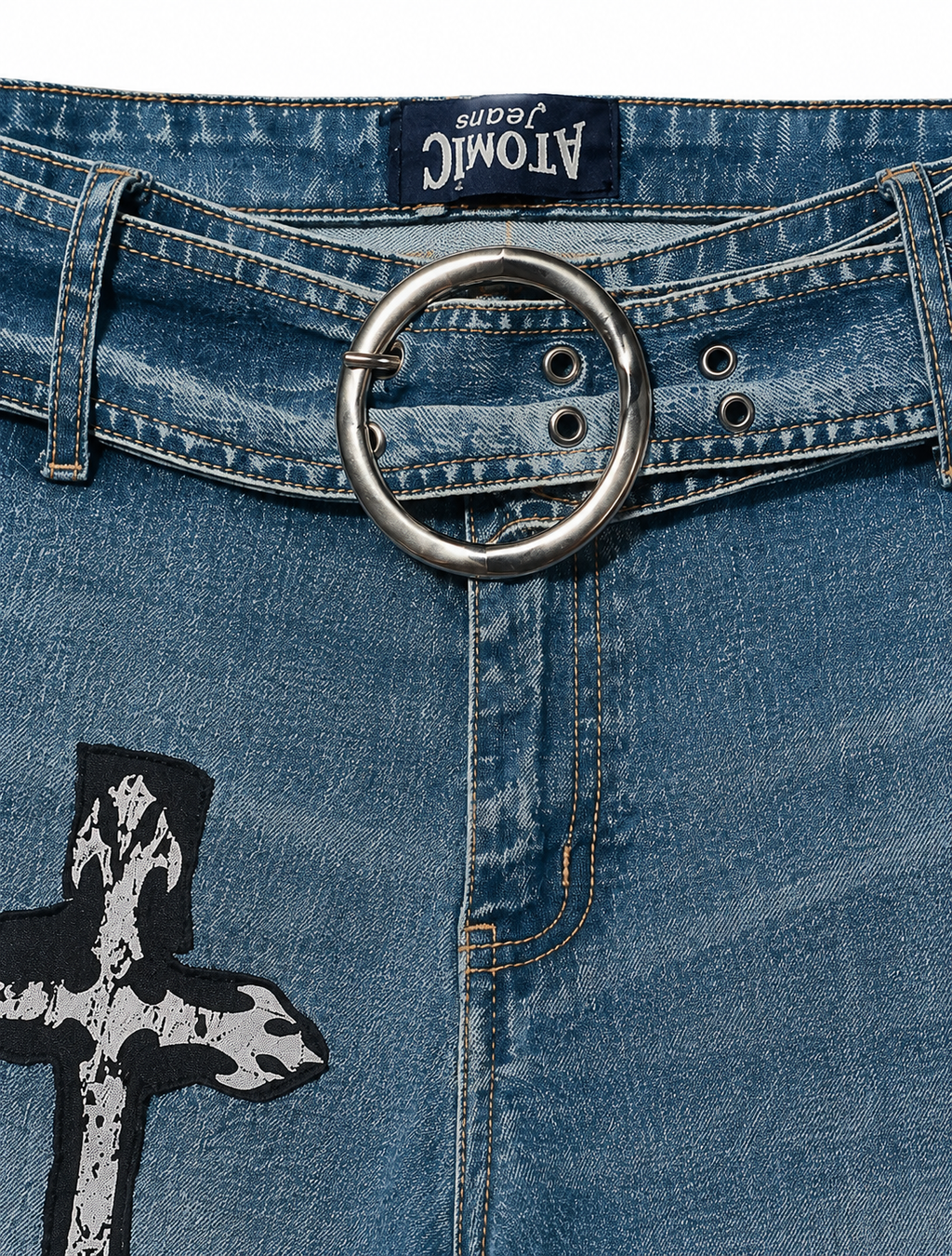 Atomic Jeans Y2K Flare – Cross Appliqué, O-Ring Belt