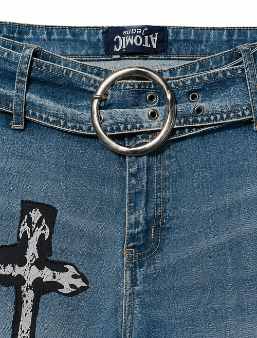 Atomic Jeans Y2K Flare – Cross Appliqué, O-Ring Belt