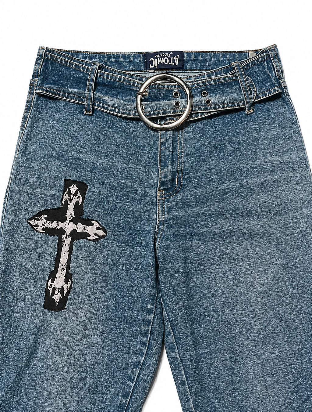 Atomic Jeans Y2K Flare – Cross Appliqué, O-Ring Belt