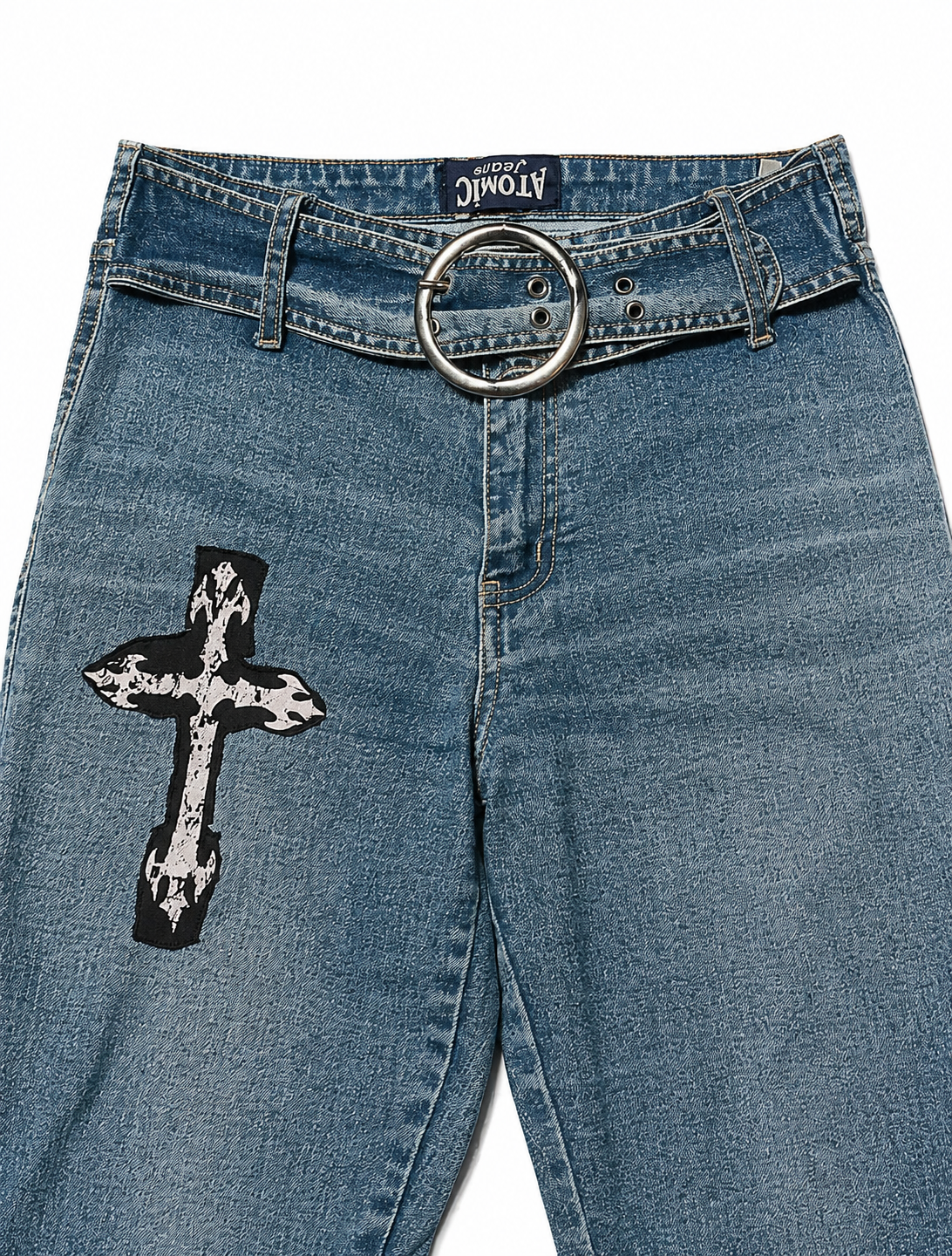 Atomic Jeans Y2K Flare – Cross Appliqué, O-Ring Belt