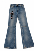 Atomic Jeans Y2K Flare – Cross Appliqué, O-Ring Belt