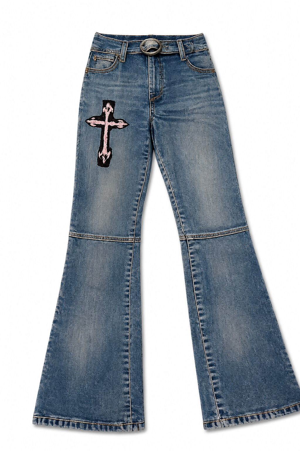 Atomic Jeans Y2K Flare – Cross Appliqué, O-Ring Belt