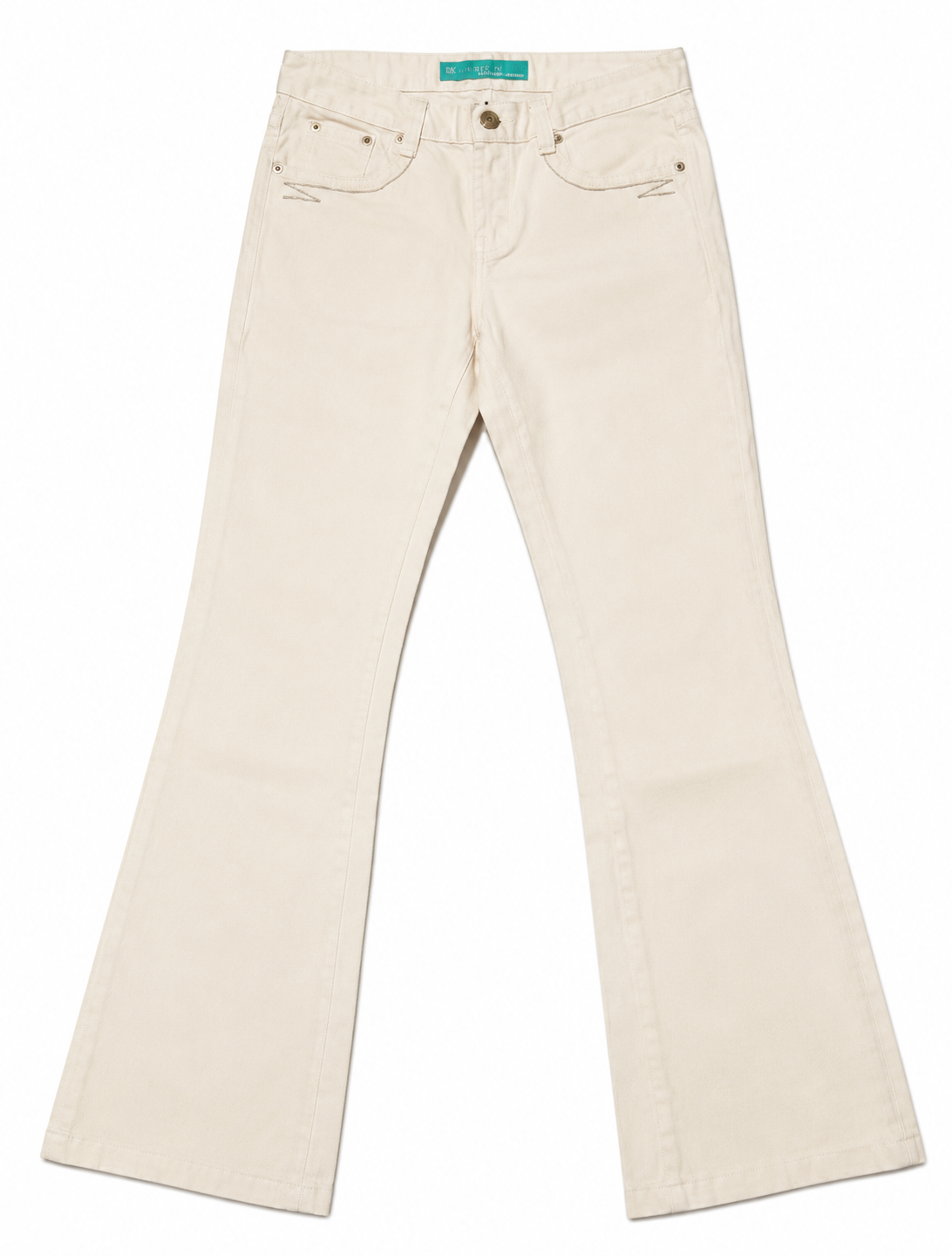 DAGU Ecru Flare Jeans – Metallic Chain-Stitch, Ironic Text Print
