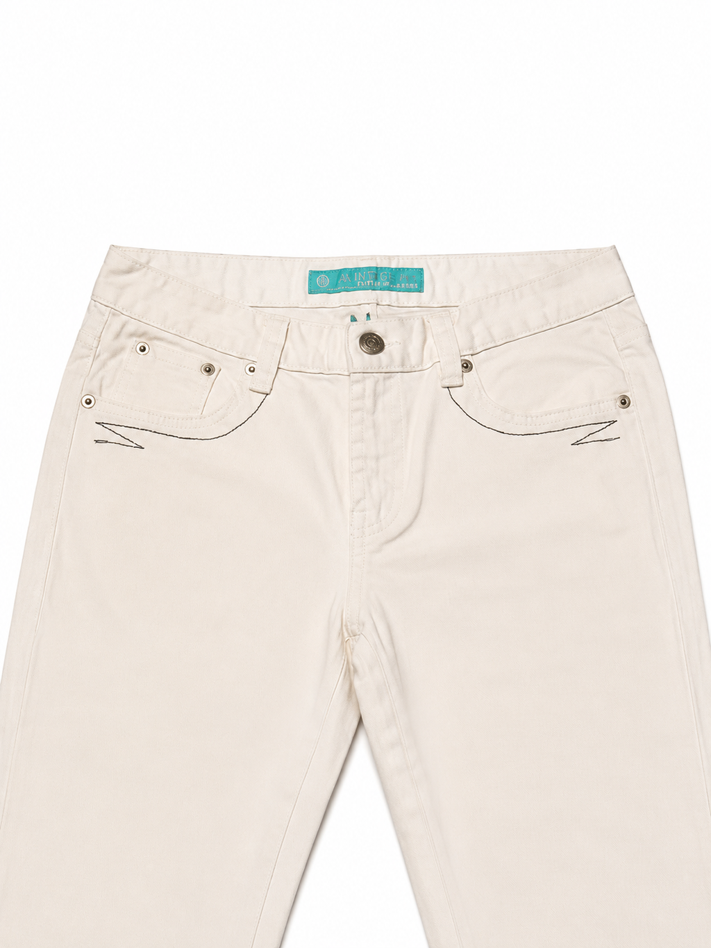 DAGU Ecru Flare Jeans – Metallic Chain-Stitch, Ironic Text Print
