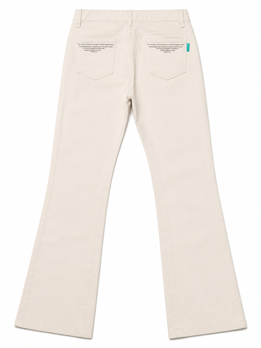 DAGU Ecru Flare Jeans – Metallic Chain-Stitch, Ironic Text Print
