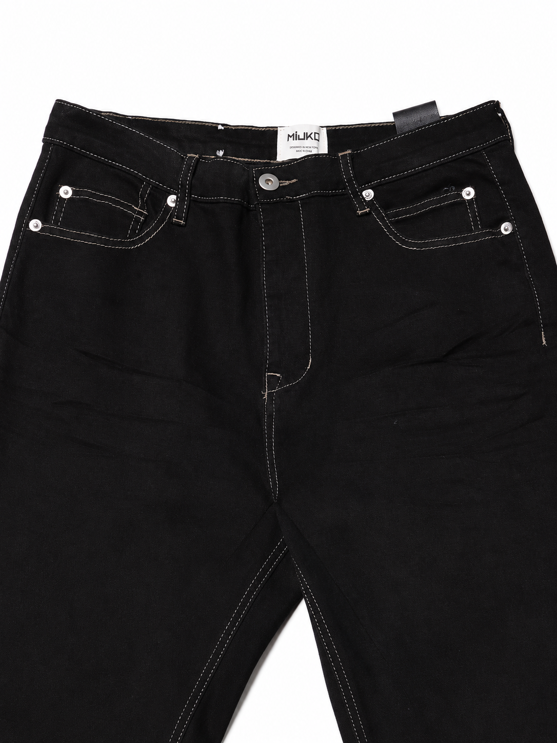 Mijko Wide-Leg Flare – Black Strap Detail, White Stitch