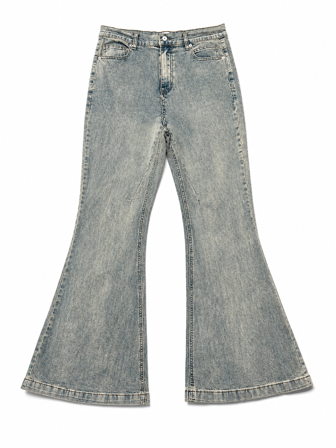 Mijko Jacquard Monogram Acid-Wash Bell Bottom Flare