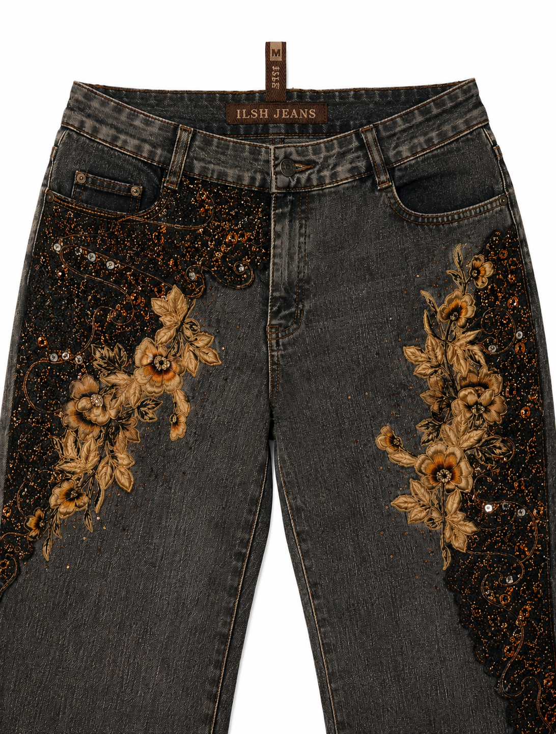 ILSH Jeans Y2K Flare – Floral Appliqué, Copper Beading