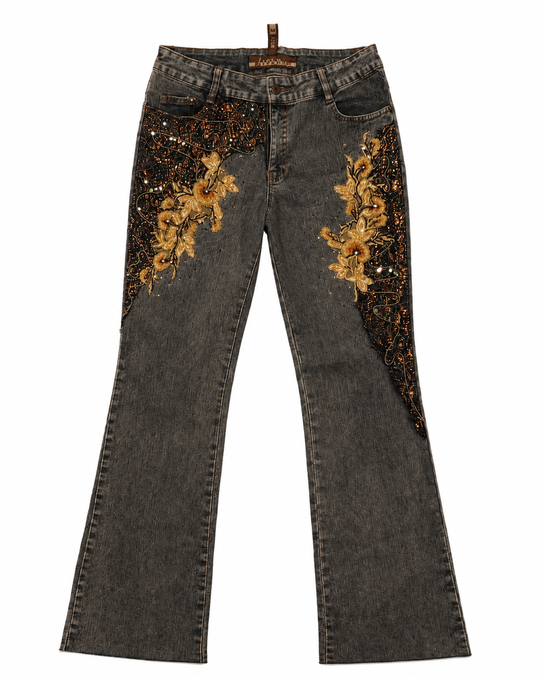 ILSH Jeans Y2K Flare – Floral Appliqué, Copper Beading