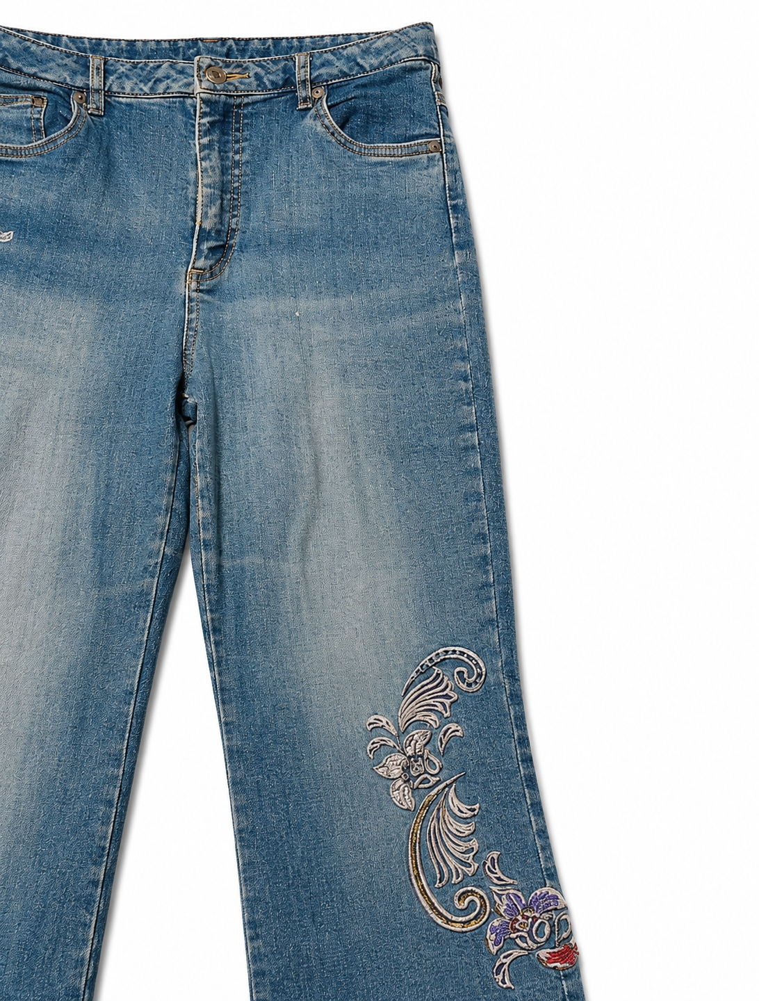 Baroque Embroidered Bootcut – Cream Scroll, Brass Hardware