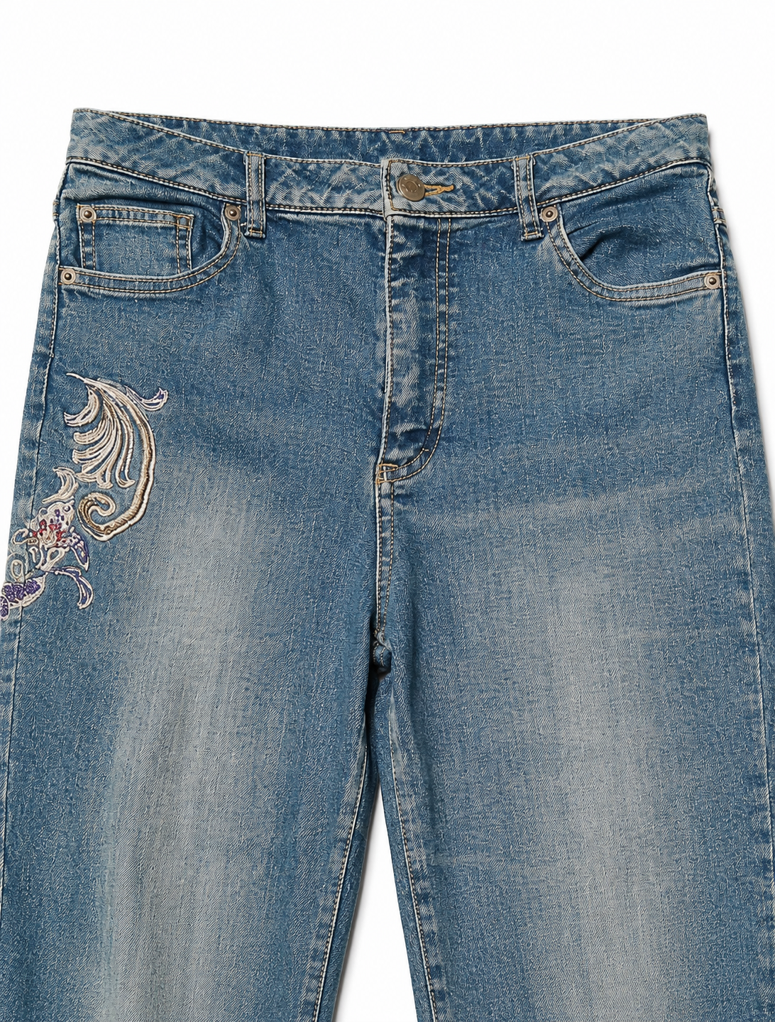 Baroque Embroidered Bootcut – Cream Scroll, Brass Hardware