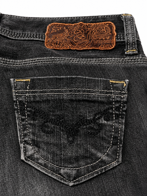 Brappers Y2K Bootcut – Black Wash, Baroque Embroidery