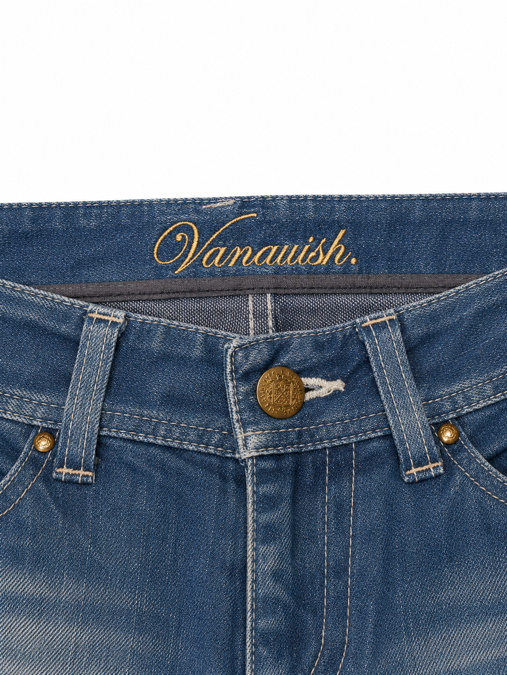 Vanquish Indie Sleaze Bootcut – Open Blowout Distress, Gold Script Label