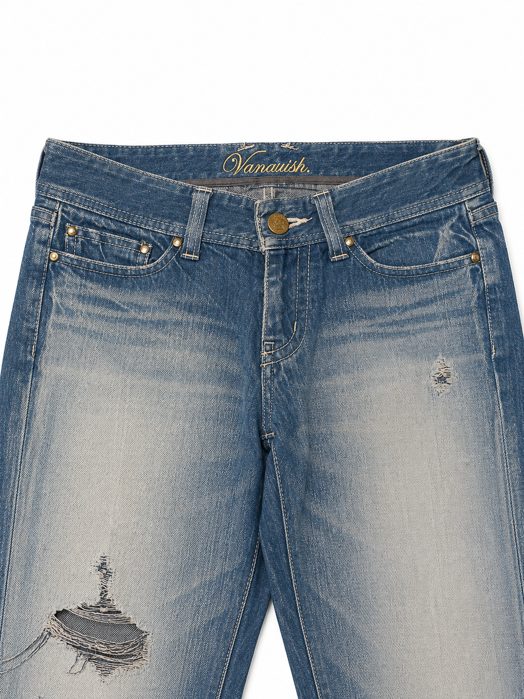 Vanquish Indie Sleaze Bootcut – Open Blowout Distress, Gold Script Label