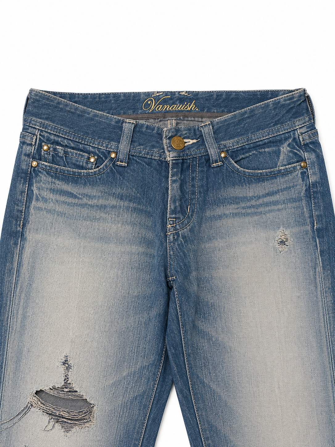 Vanquish Indie Sleaze Bootcut – Open Blowout Distress, Gold Script Label