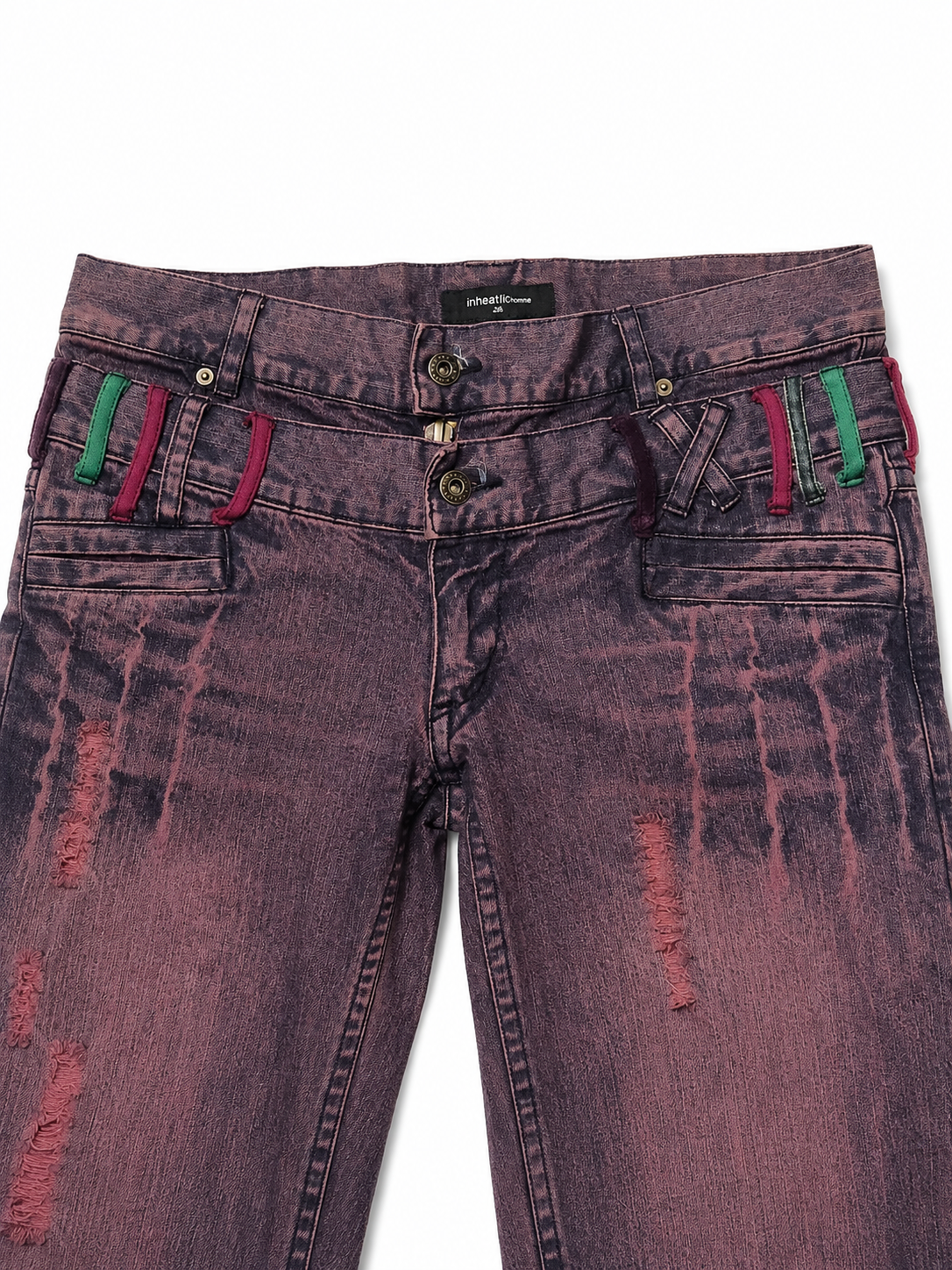 IN THE ATTIC Double Button Waistband Closure With Stacked Metal Shank Button Setup Reconstructed Detail Denim