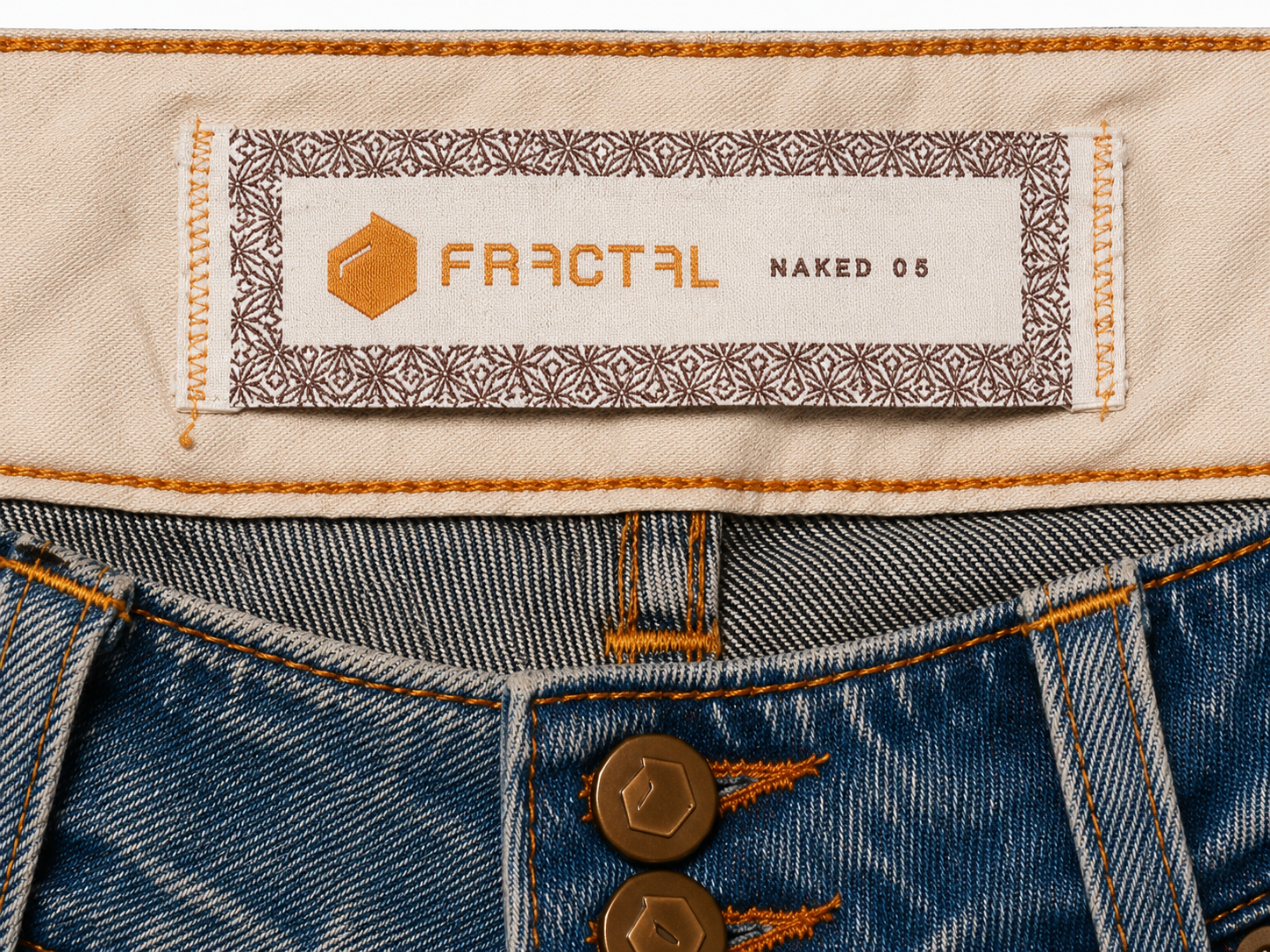 FRACTAL 'Naked 05' Low-Rise Flare – Double Brass Button, Raw Hem