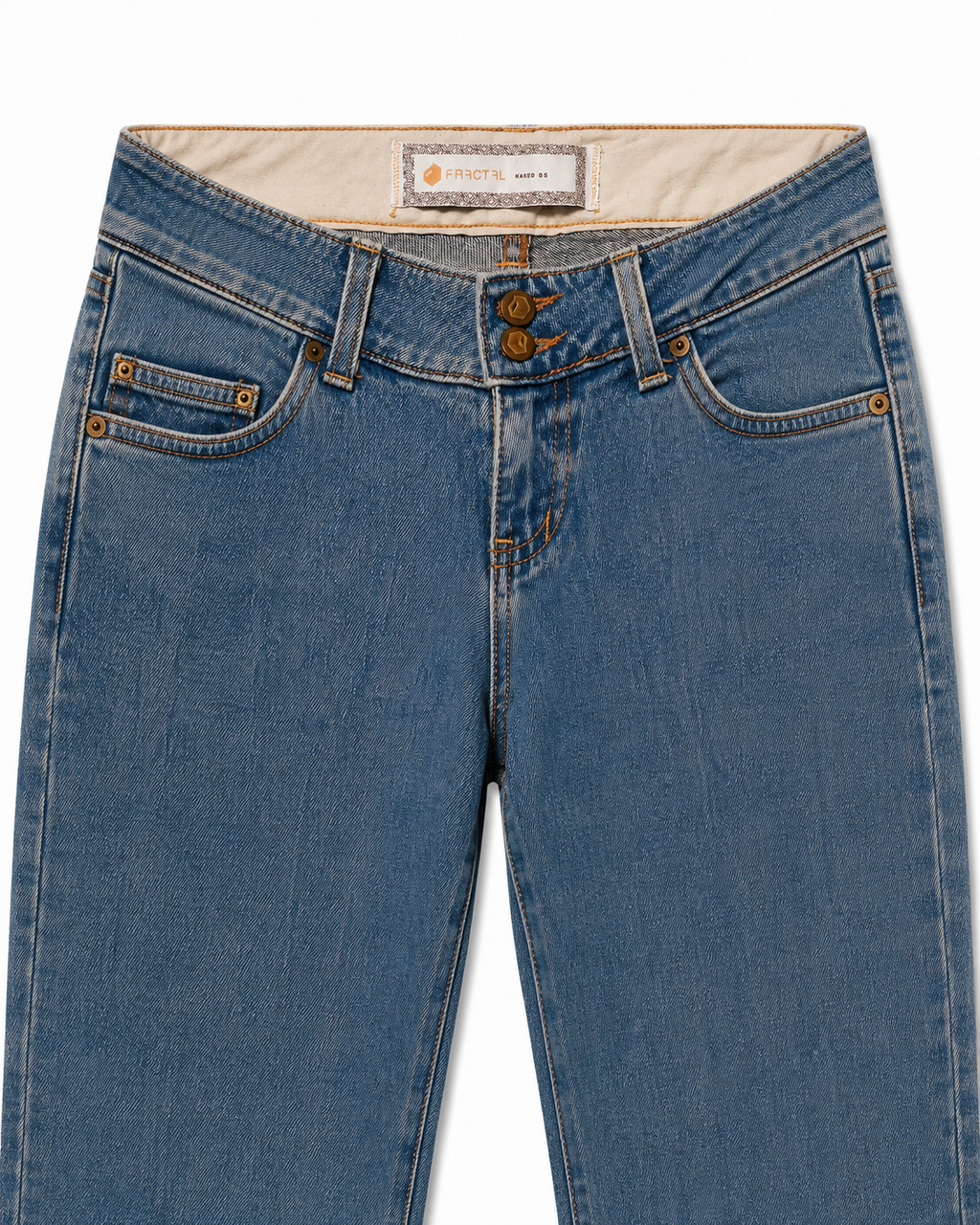 FRACTAL 'Naked 05' Low-Rise Flare – Double Brass Button, Raw Hem