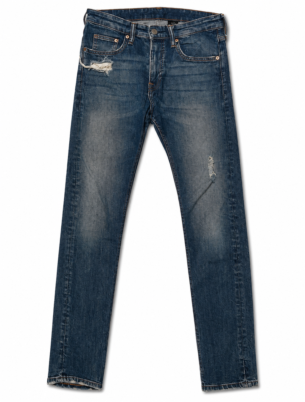 Archive Slim Straight – Mid-Indigo, Open Thigh Tear