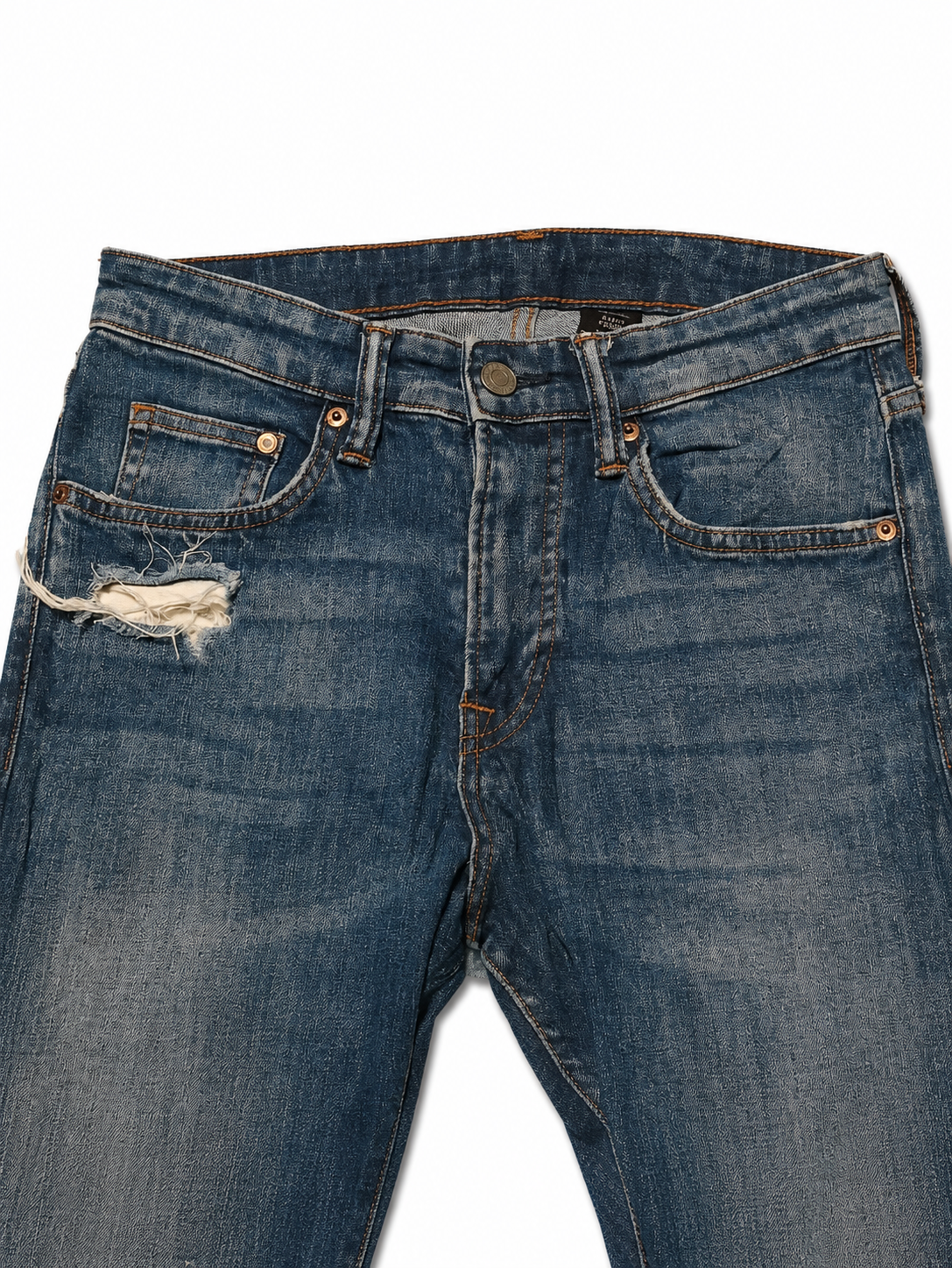 Archive Slim Straight – Mid-Indigo, Open Thigh Tear