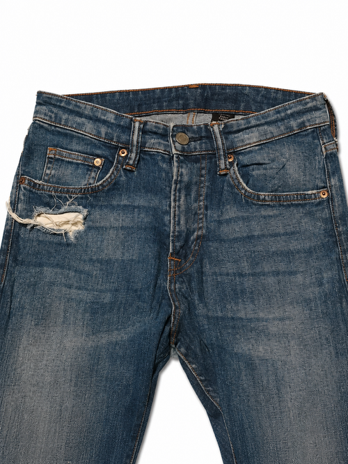 Archive Slim Straight – Mid-Indigo, Open Thigh Tear