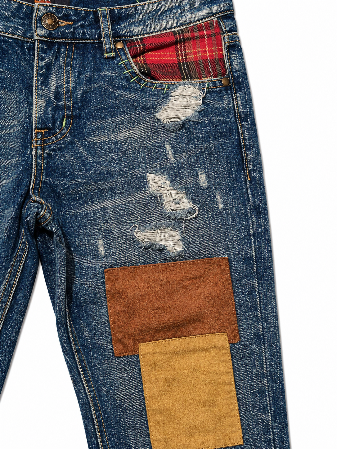 Single Button Distressed Patchwork Jeans