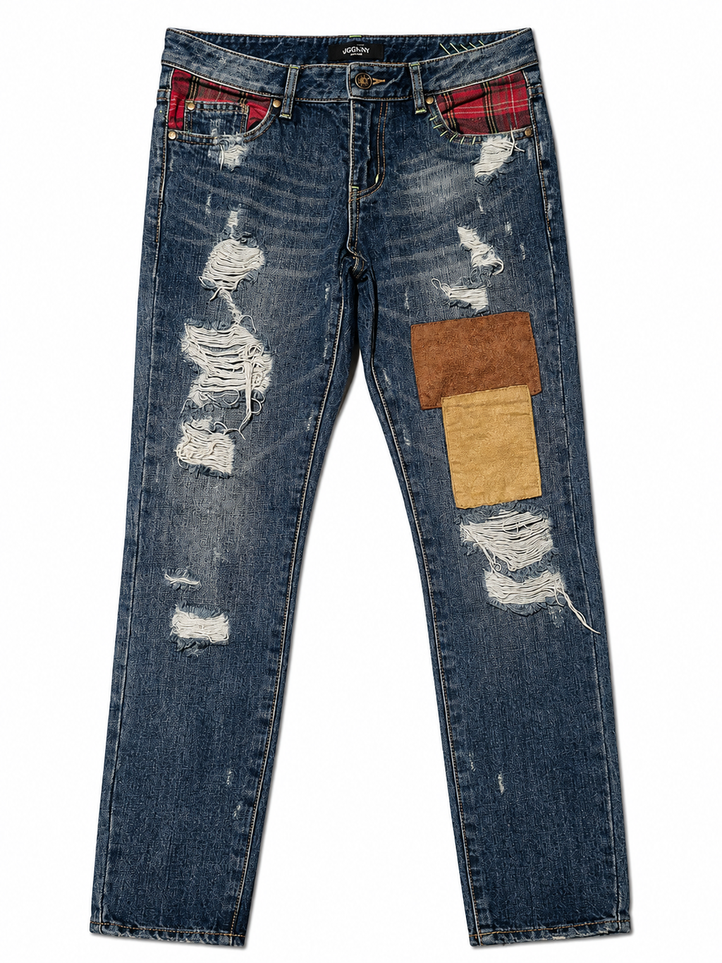 Single Button Distressed Patchwork Jeans
