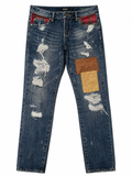Single Button Distressed Patchwork Jeans