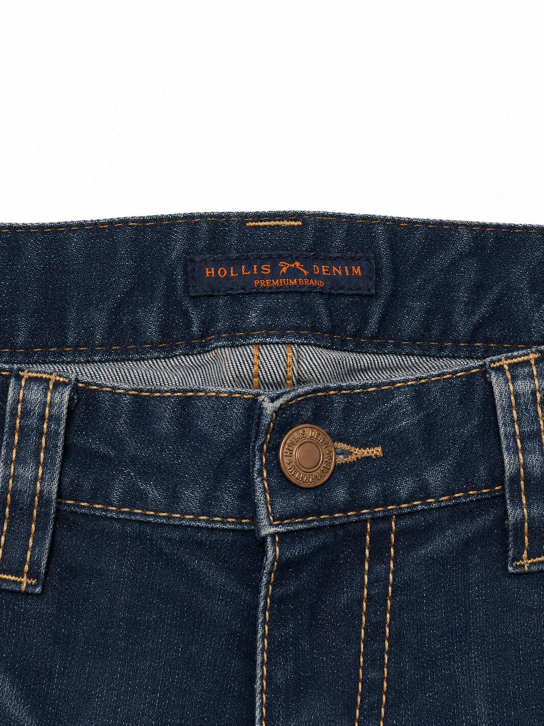 Hollis Denim Bootcut Jeans – Sandblasted Indigo, Heavy Fade, Brass Rivets